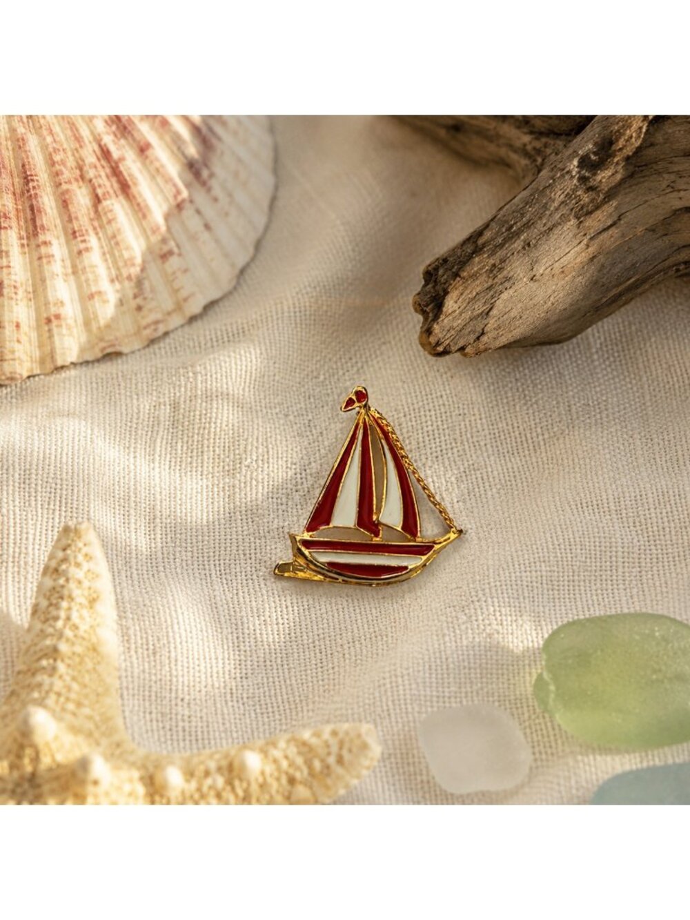 Vintage Sailboat Brooch Pin Nautical Enamel Red White Striped Goldtone Preppy